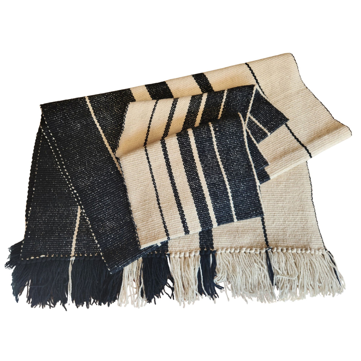 Conjunto de Cama de Lana de Oveja Telar Mapuche Blanco Negro King - Witralun