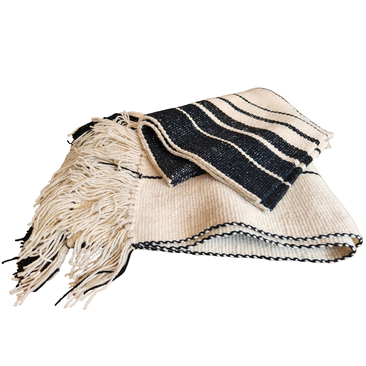 Conjunto de Cama de Lana de Oveja Telar Mapuche Blanco Negro King - Witralun