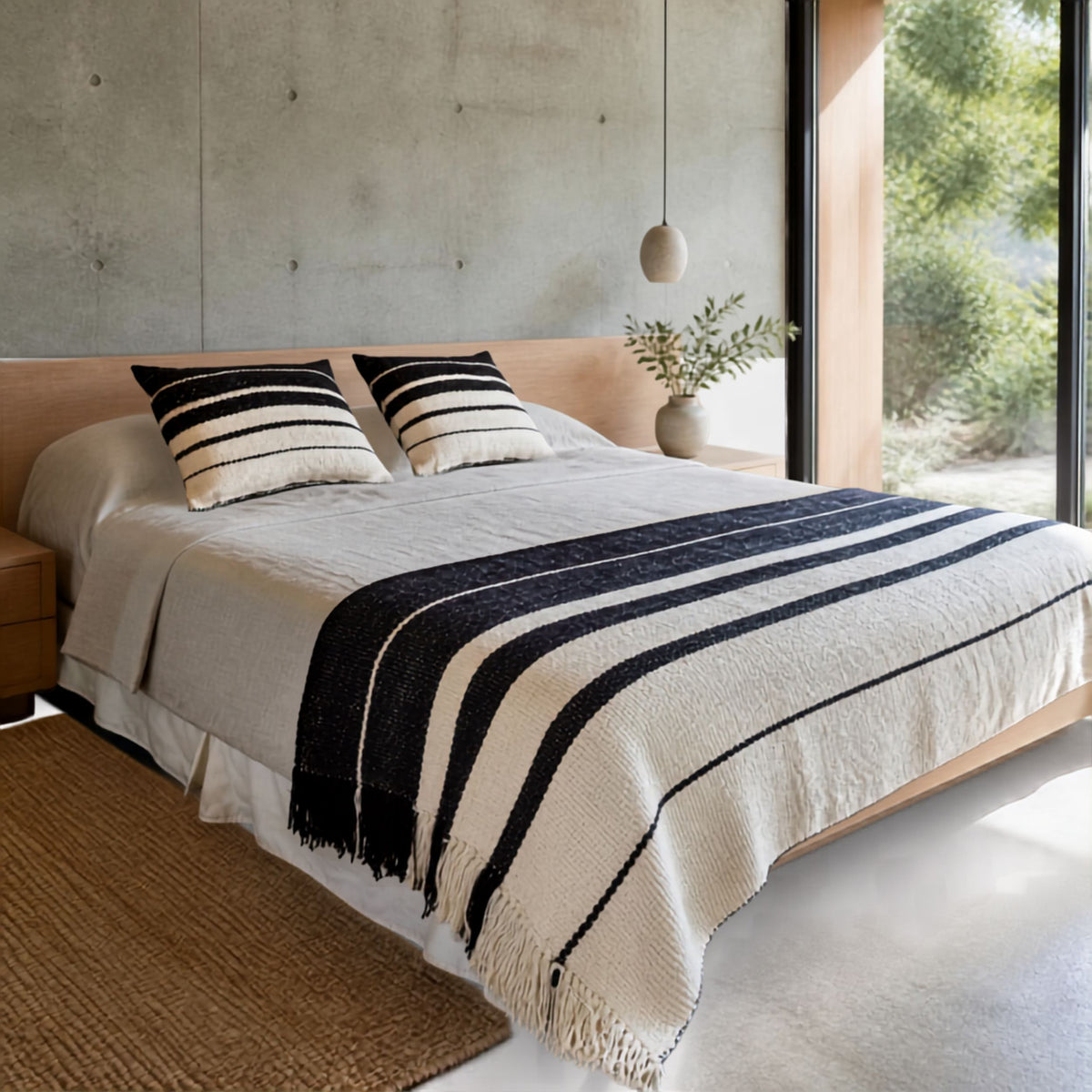 Conjunto de Cama de Lana de Oveja Telar Mapuche Blanco Negro King - Witralun