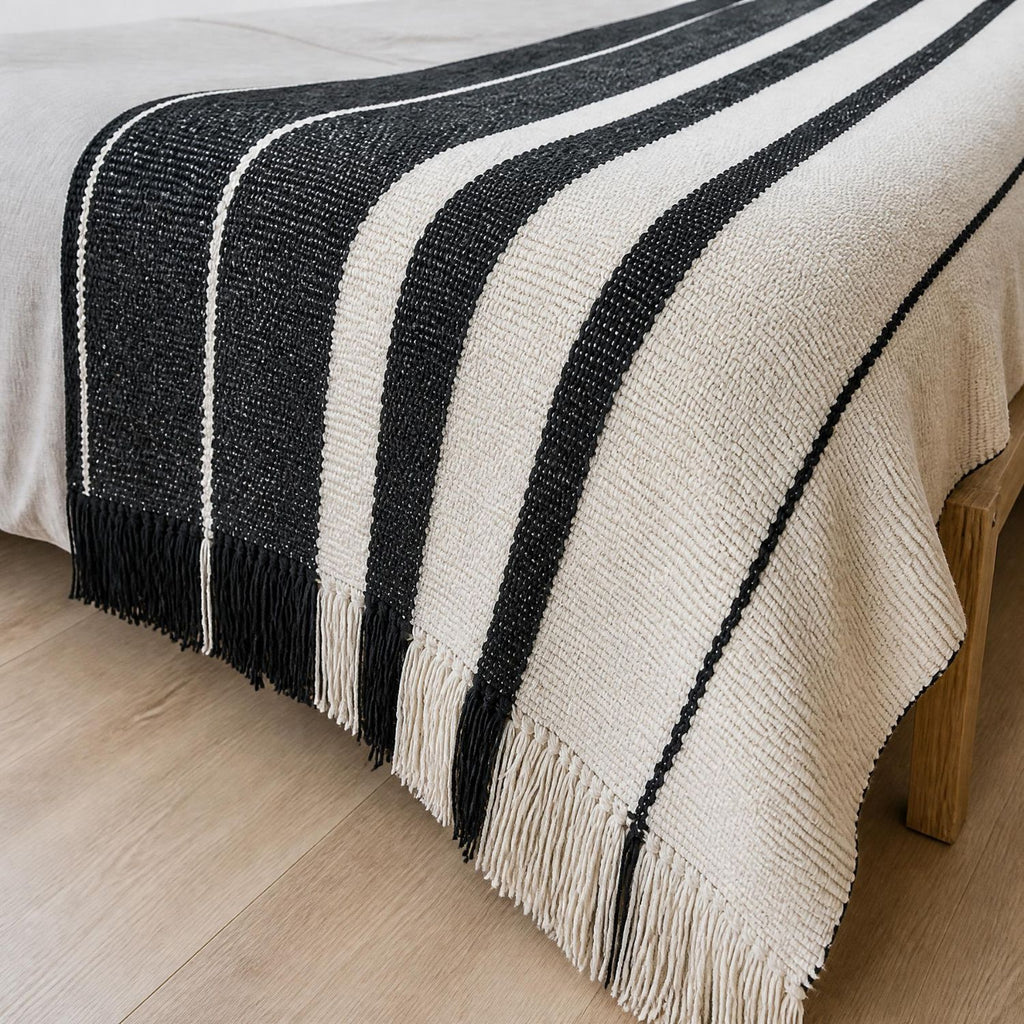 Conjunto de Cama de Lana de Oveja Telar Mapuche Blanco Negro King - Witralun